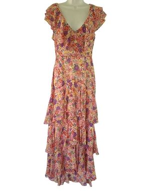 Wayf Pink Multi Floral Ruffle Tiered Maxi Dress Size M EXCELLENT